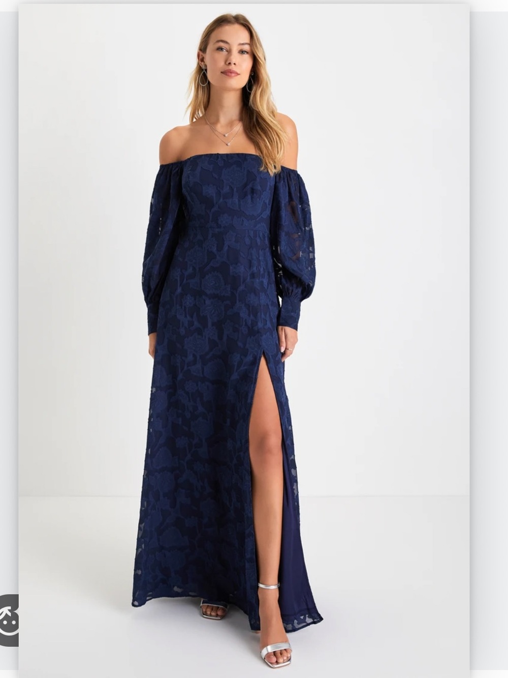 Lulus Navy Blue Burnout Floral Off Shoulder Maxi Dress NWT Size Small